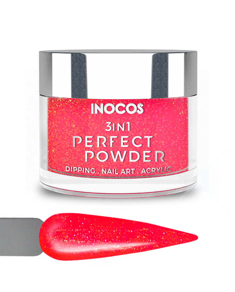 INOCOS PERFECT POWDER 3 EM 1 P22 Festa Laranja 20GR Pote de pó acrílico rosa com glitter e amostra em forma de unha