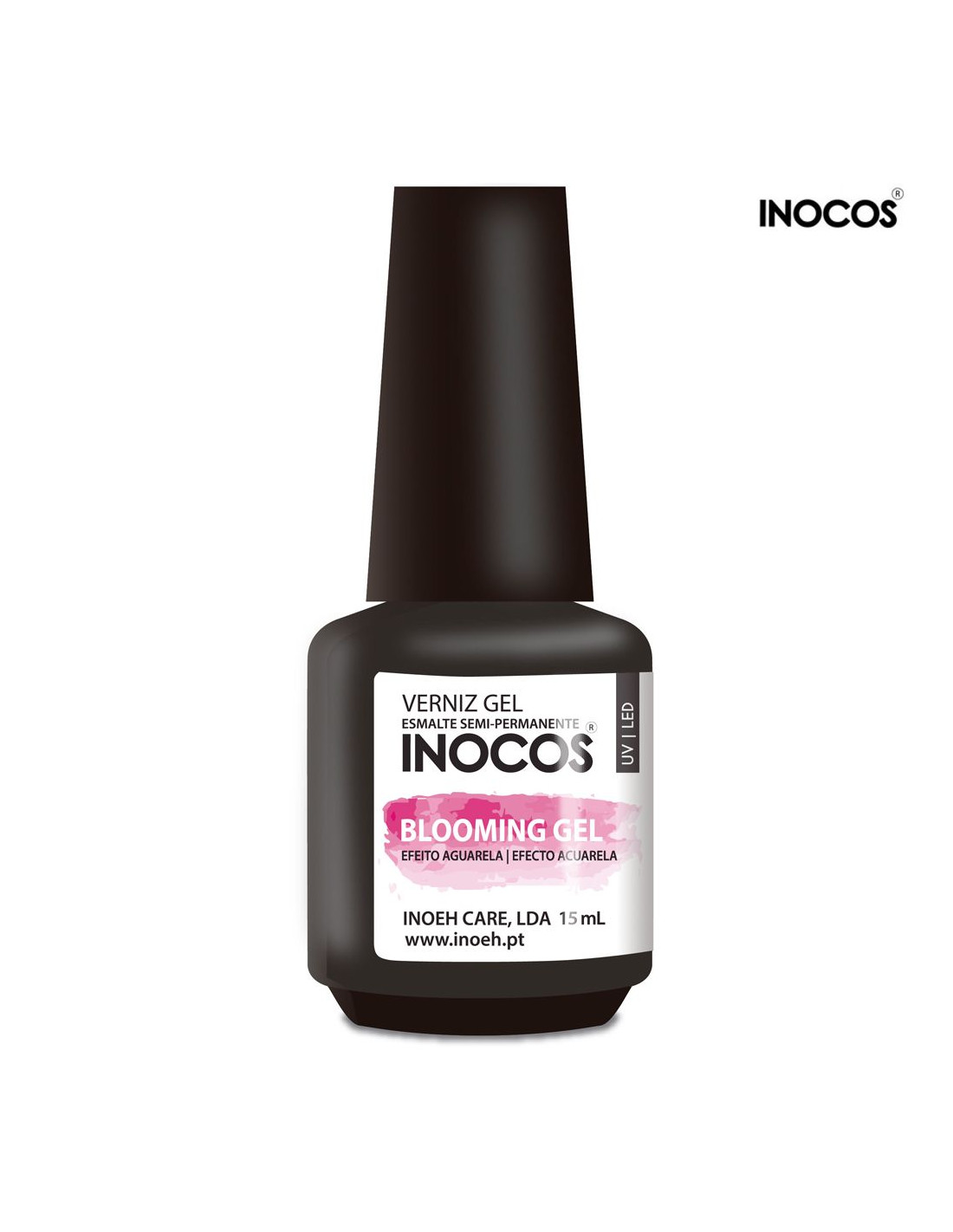 Blooming Gel Efeito Aguarela Verniz Gel 15ml Inocos Frasco preto de verniz gel Inocos com rótulo branco e texto