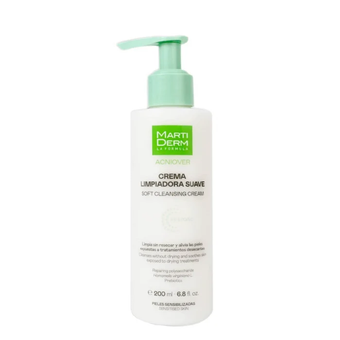 Martiderm Acniover Gentle Cleansing Cream 200ml Frasco de creme limpador suave com tampa verde claro e rótulo branco e verde
