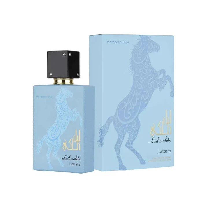 Lail Maleki Moroccan Blue Lattafa Perfumes Masculino 100ml Perfume Lail Maleki Moroccan Blue da Lattafa com ilustração de cavalo azul e embalagem azul