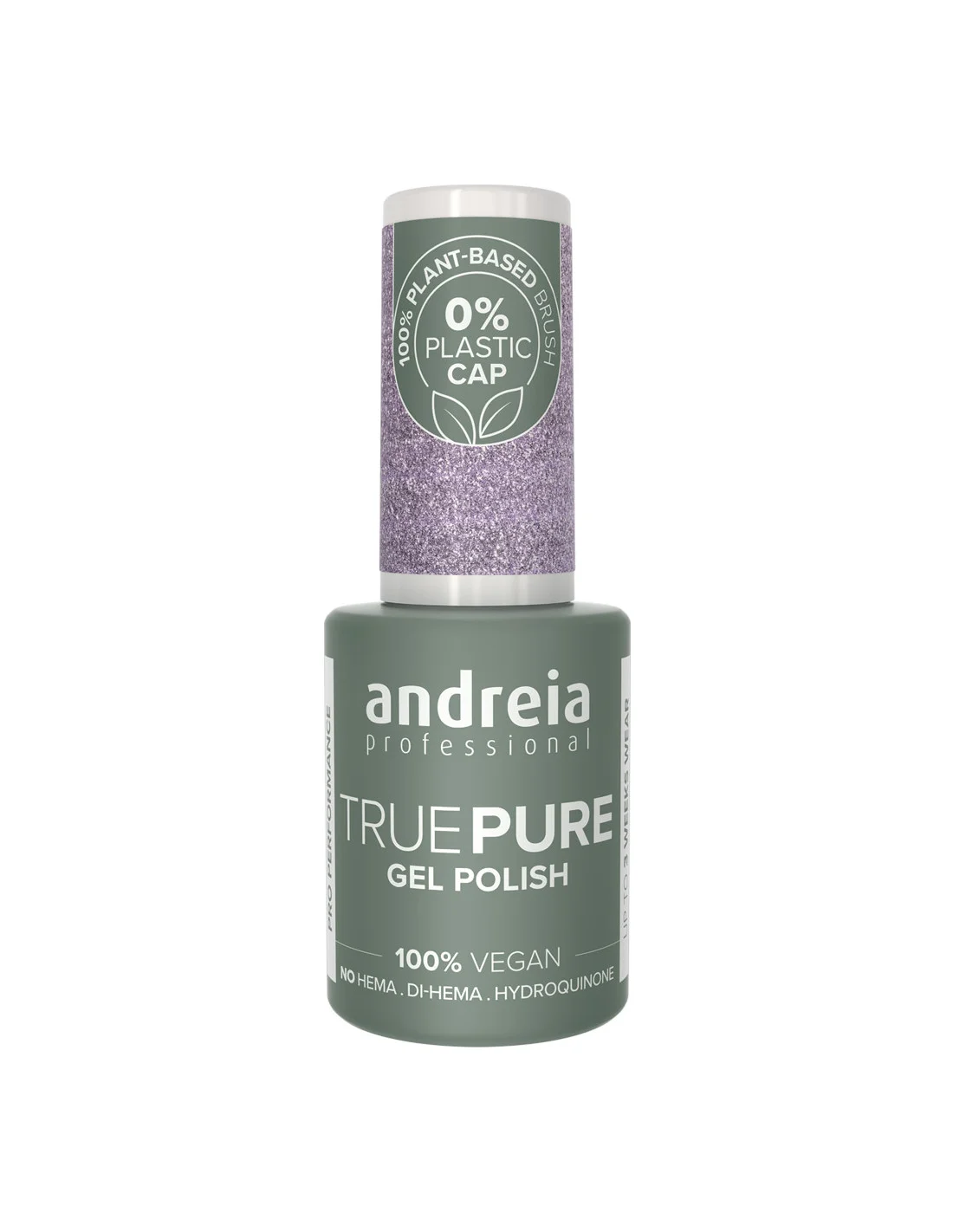 True Pure Gel Polish Andreia 0% Plastic T09 10.5ml Frasco de verniz gel para unhas Andreia Professional True Pure verde com tampa lilás texturizada.