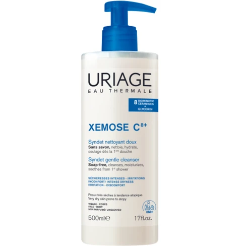 Uriage Xémose C8+ Syndet Gentle Cleanser para Pele Atópica Frasco branco com doseador azul de produto Uriage Xemose C8+