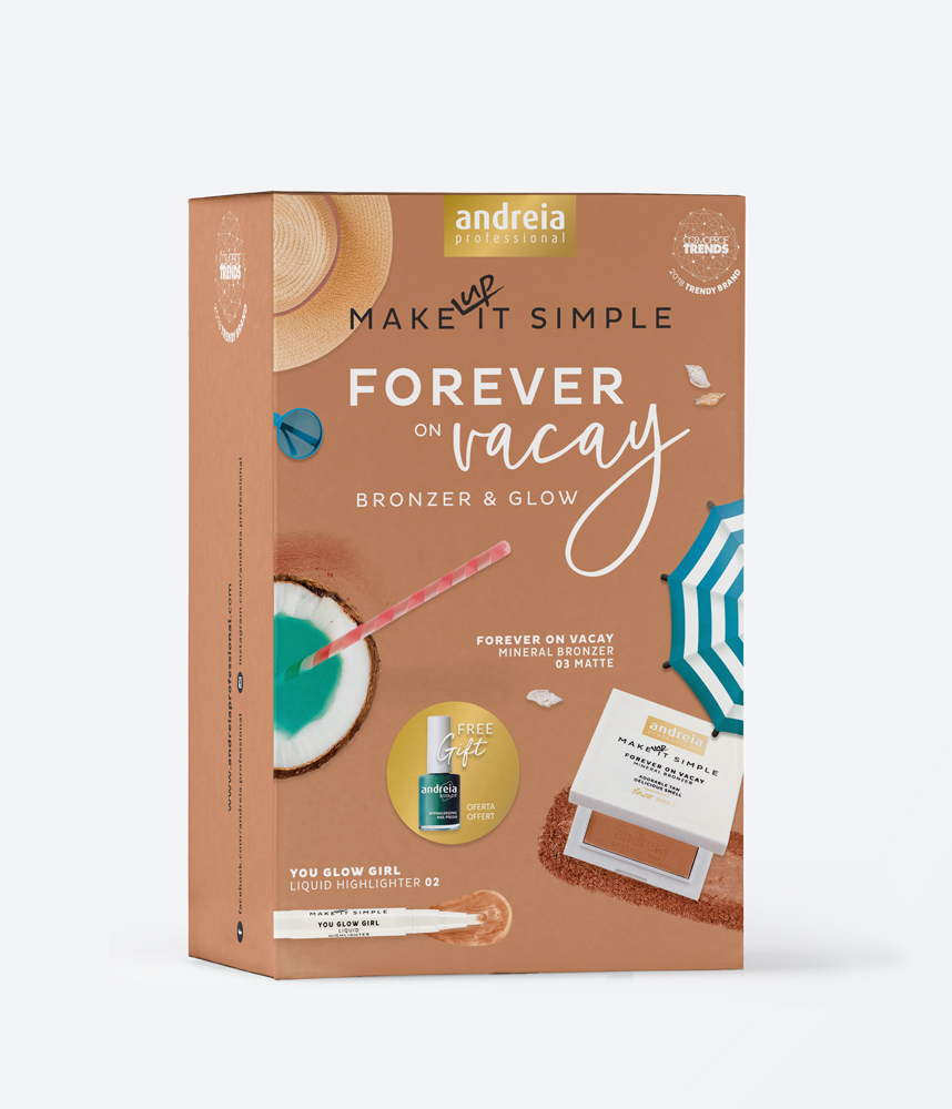 Andreia Makeup Kit Forever on Vacay Embalagem de kit de maquilhagem Andreia Professional Make It Simple Forever On Vacay com bronzer e iluminador liquido.
