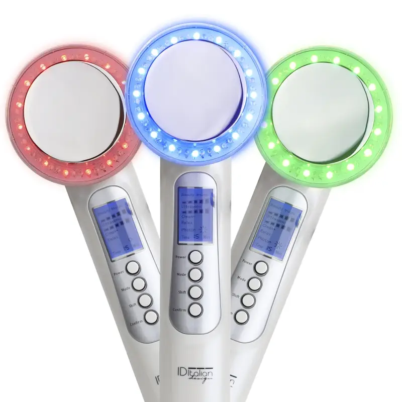 ItalianDesign aparelho Ultrassons, Fototerapia e Galvânica Dispositivos eletrónicos brancos com LEDs vermelhos, azuis e verdes e ecrãs digitais