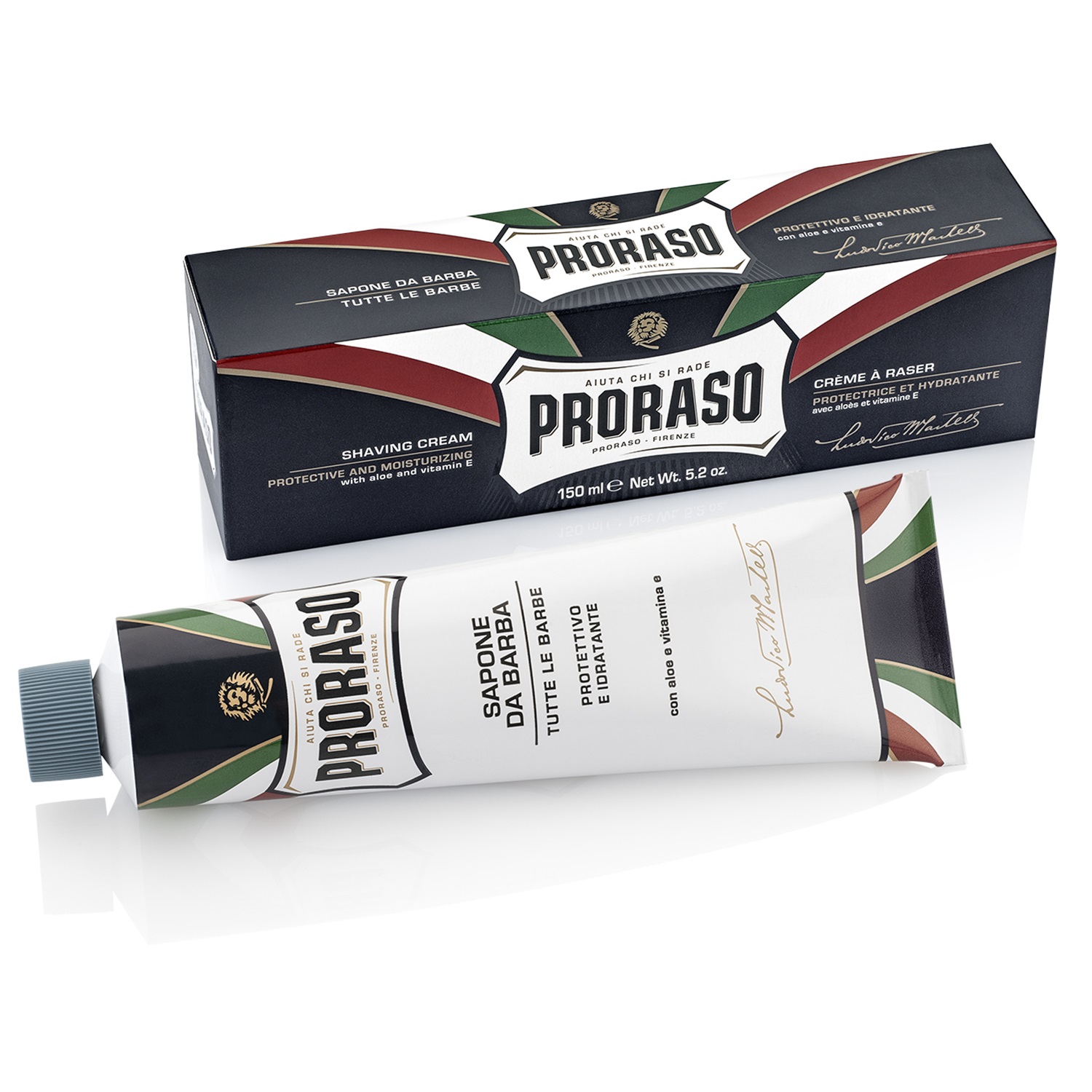 PRORASO Blue SHAVING SOAP IN A TUBE 150ML Creme de barbear Proraso em embalagem verde, branco, vermelho e preto
