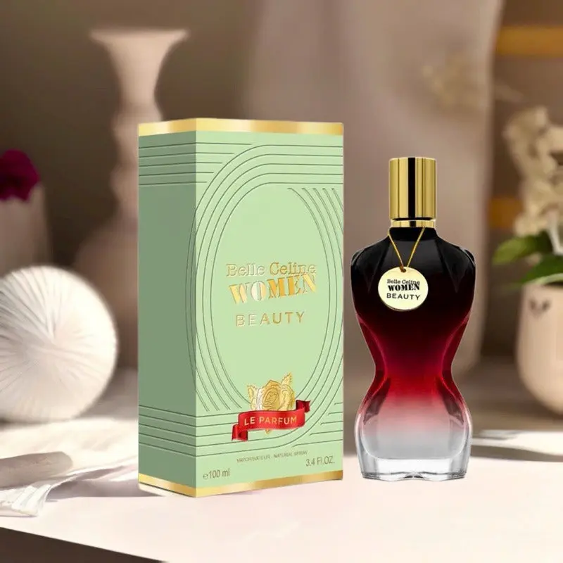 Fragrance World Belle Celine Women Beauty - Eau De Parfum 100ml Frasco de perfume vermelho e transparente com tampa dourada ao lado da caixa verde clara com texto