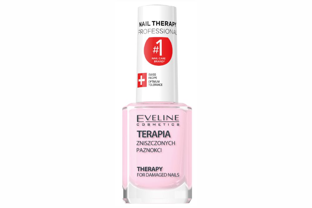 Reparador e Reconstrutor de Unhas Danificadas Eveline Nail Therapy Frasco de verniz para unhas rosa claro da Eveline Cosmetics com tampa branca e selo vermelho #1