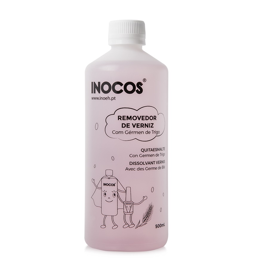INOCOS REMOVEDOR DE VERNIZ 500ML Frasco rosado de removedor de verniz INOCOS com texto e ilustração