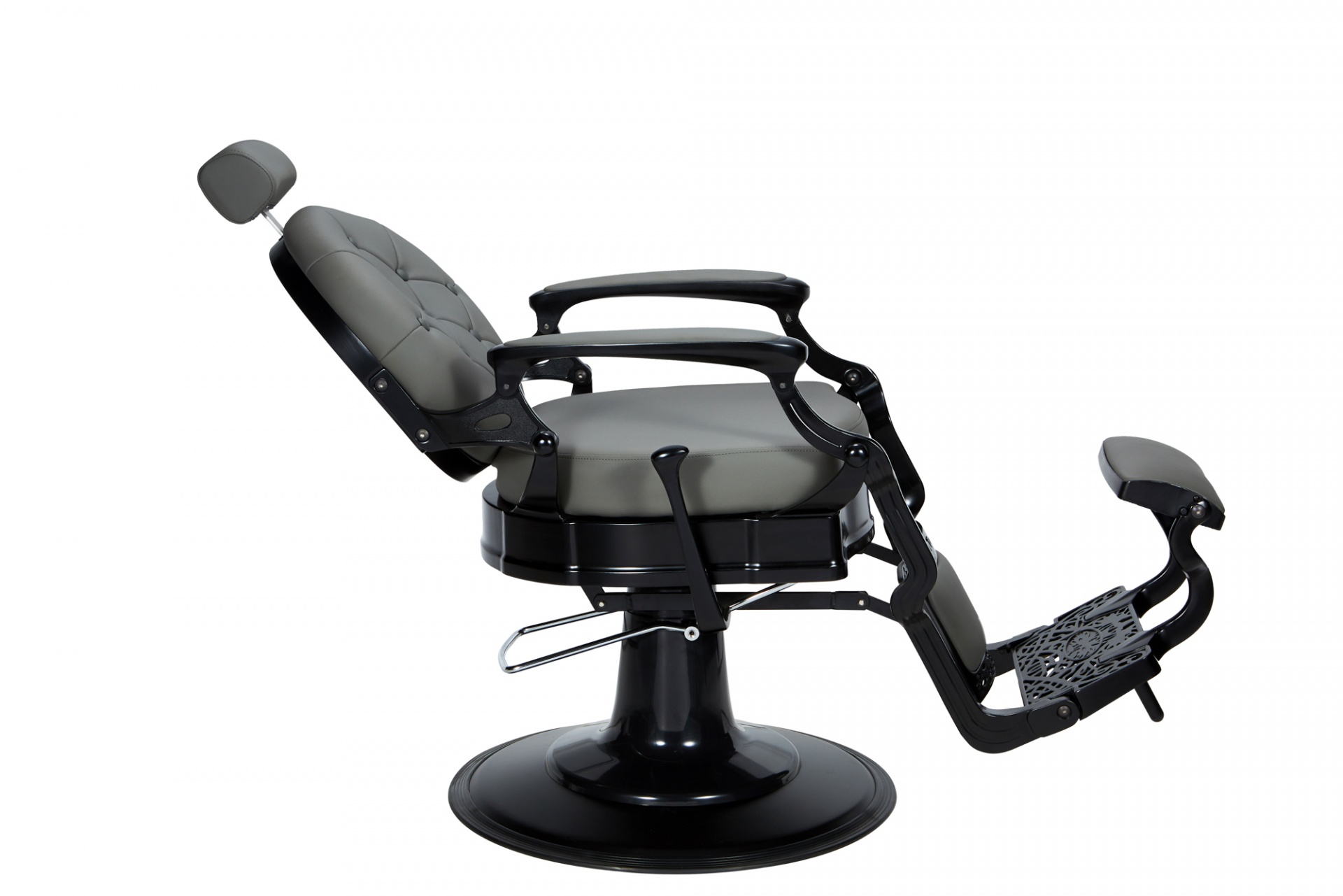 Cadeira de Barbeiro Check GY Cadeira de barbeiro reclinável cinzenta com apoio de pés e base preta