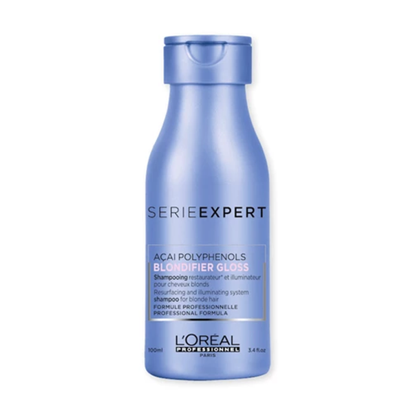 Loreal Blondifier Gloss Shampoo 100ml Frasco azul de shampoo L'Oréal Série Expert para cabelos loiros.