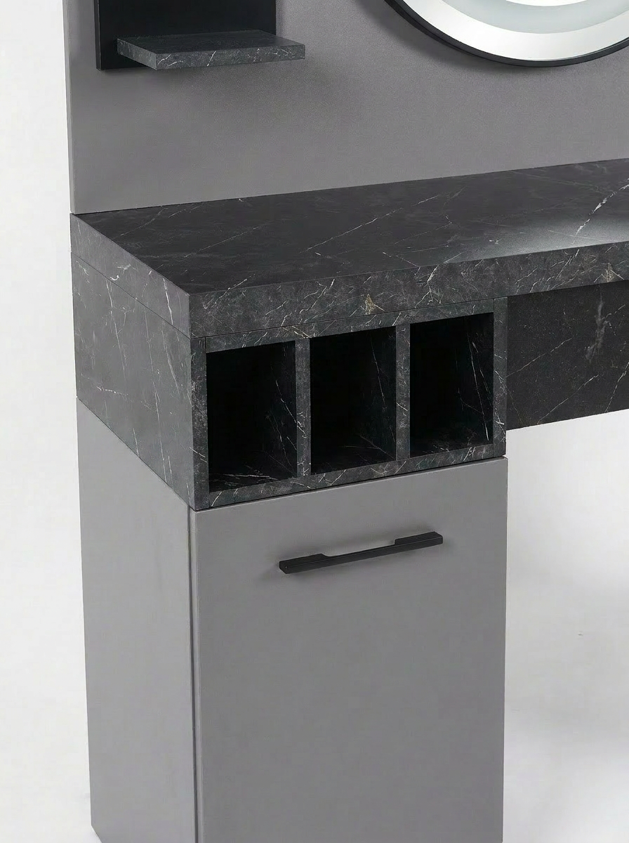 BANCADA BARBEARIA ZINC Móvel de casa de banho cinzento com tampo preto marmoreado e prateleira suspensa preta