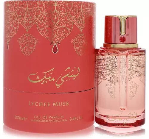 Arabiyat Prestige Lychee Musk Eau De Parfum 3.4fl Oz Frasco e embalagem vermelhos de perfume Lychee Musk com detalhes dourados
