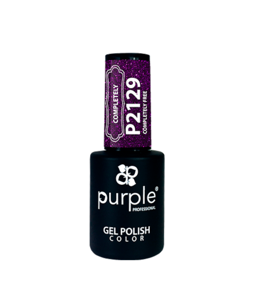 Purple Verniz Gel Completely Free 10ml P2129 Verniz gel roxo com glitter Purple P2129 em frasco preto