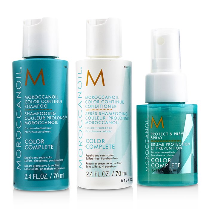 Moroccan Oil Complete Your Color 3 Piece Set 2.4oz/70mL 1.7oz/50mL Conjunto de produtos Moroccanoil Color Complete com shampoo, condicionador e spray em frascos azul e branco.