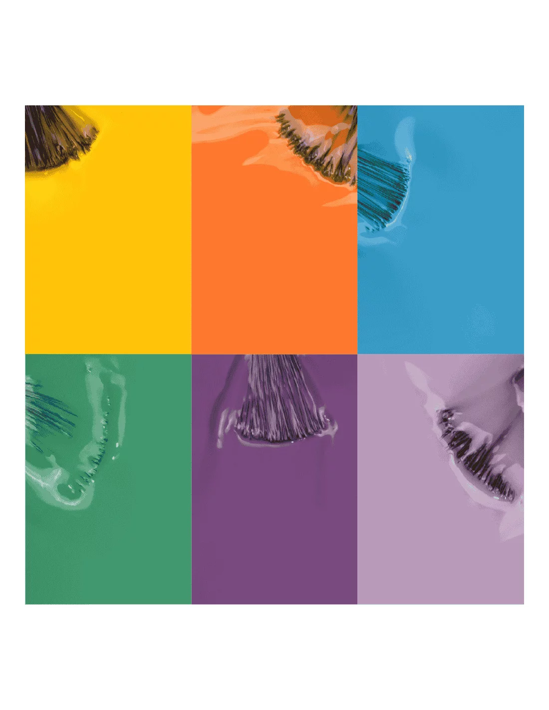 Verniz Gel Inocos Colecção Marias Seis quadrados coloridos com pinceladas de tinta em diferentes cores