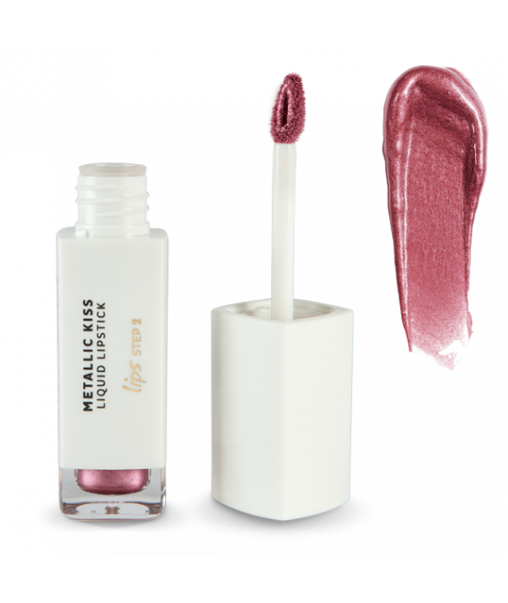 Andreia Lips METALLIC KISS – Liquid Lipstick 03 Pink Crush Batom líquido metálico rosa em embalagem branca com aplicador aberto e amostra da cor.