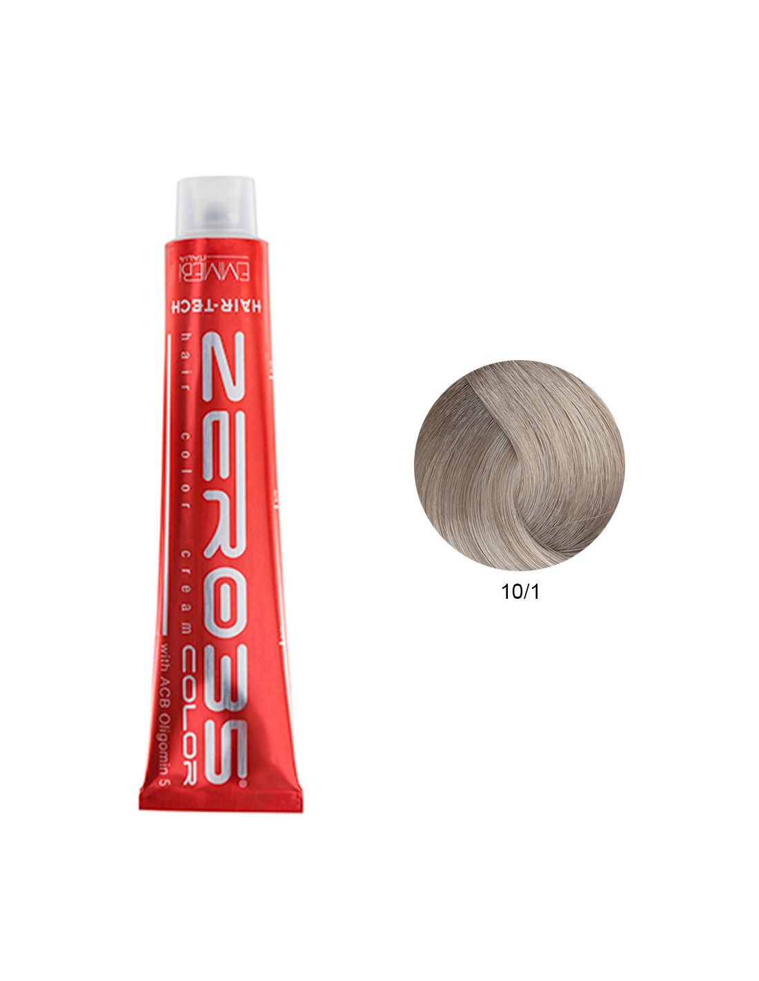 Coloração Hair-Tech 100ml - 10/1 Loiro Platinado Cinza - Zero35 - Emmebi Tubo vermelho de tinta para cabelo com texto branco e amostra de cor cinza