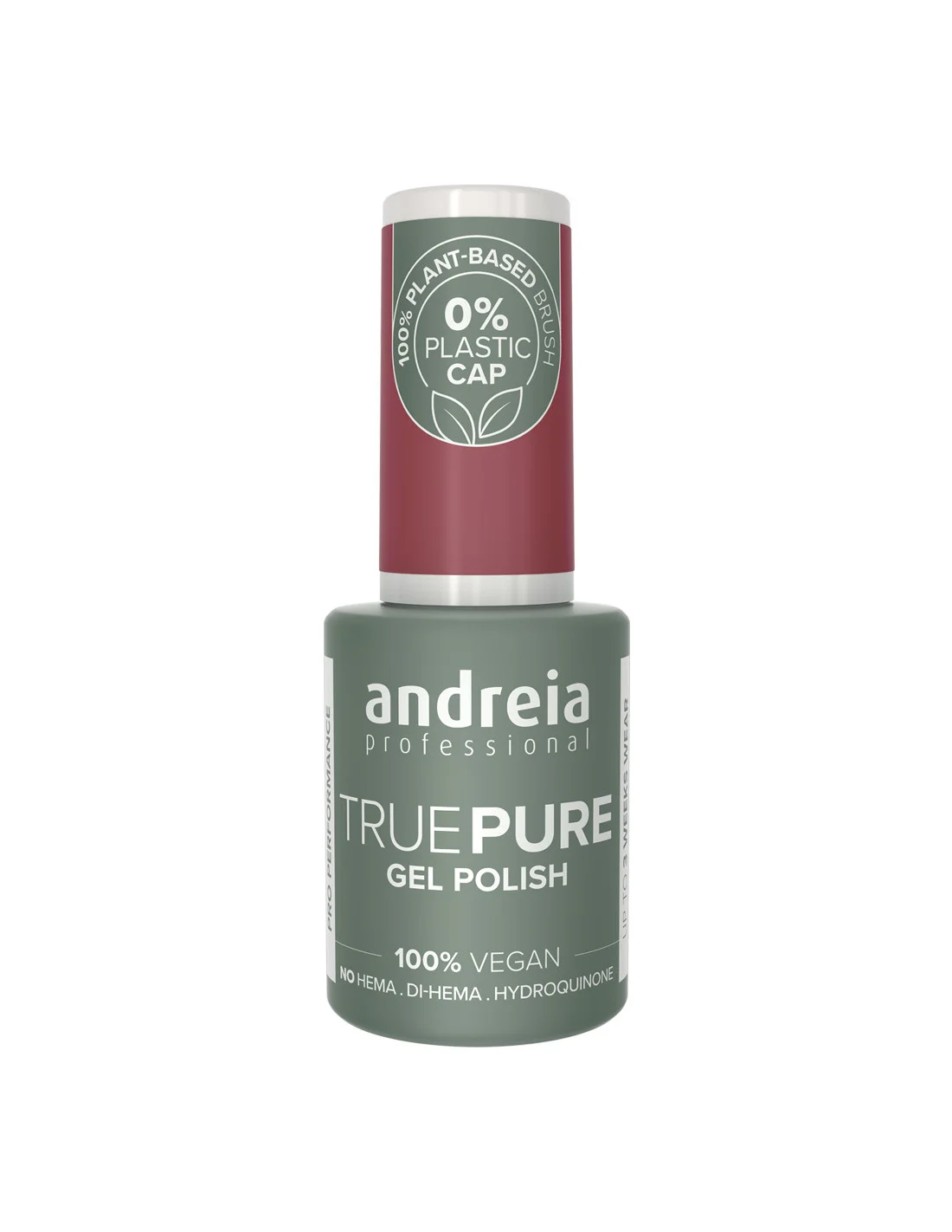 True Pure Gel Polish Andreia 0% Plastic T25 10.5ml Frasco de verniz gel Andreia Professional com tampa vinho e rótulo verde cinzento