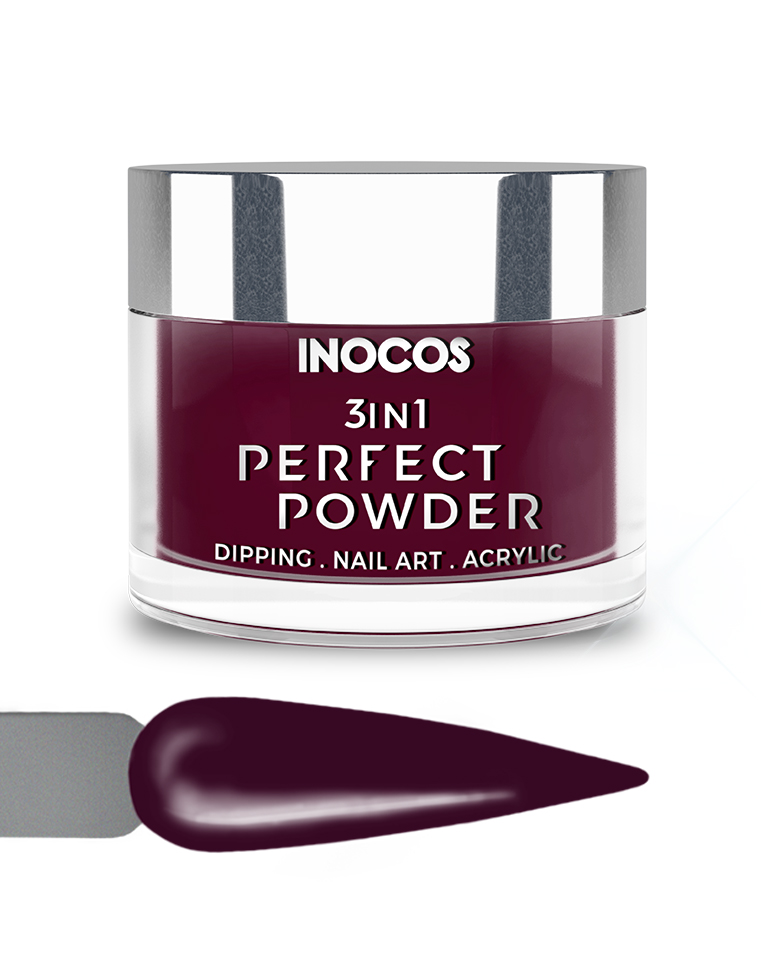 INOCOS PERFECT POWDER 3 EM 1 P47 Uva Roxa 20GR Pote de acrílico para unhas INOCOS 3IN1 Perfect Powder roxo escuro com tampa prateada.