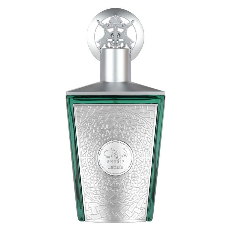 Lattafa Sherif Eau De Parfum Unissex 100ml Frasco de perfume verde com placa frontal prateada e tampa decorativa prateada