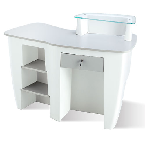 Balcão Ceriotti Amyra Secretária branca com prateleira de vidro e gaveta cinza