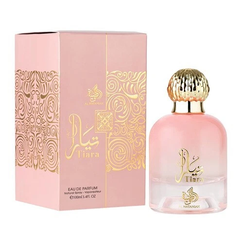 Al Wataniah Tiara Eau de Parfum para mulheres 100ml Frasco de perfume Tiara rosa com tampa dourada e caixa rosa com detalhes dourados