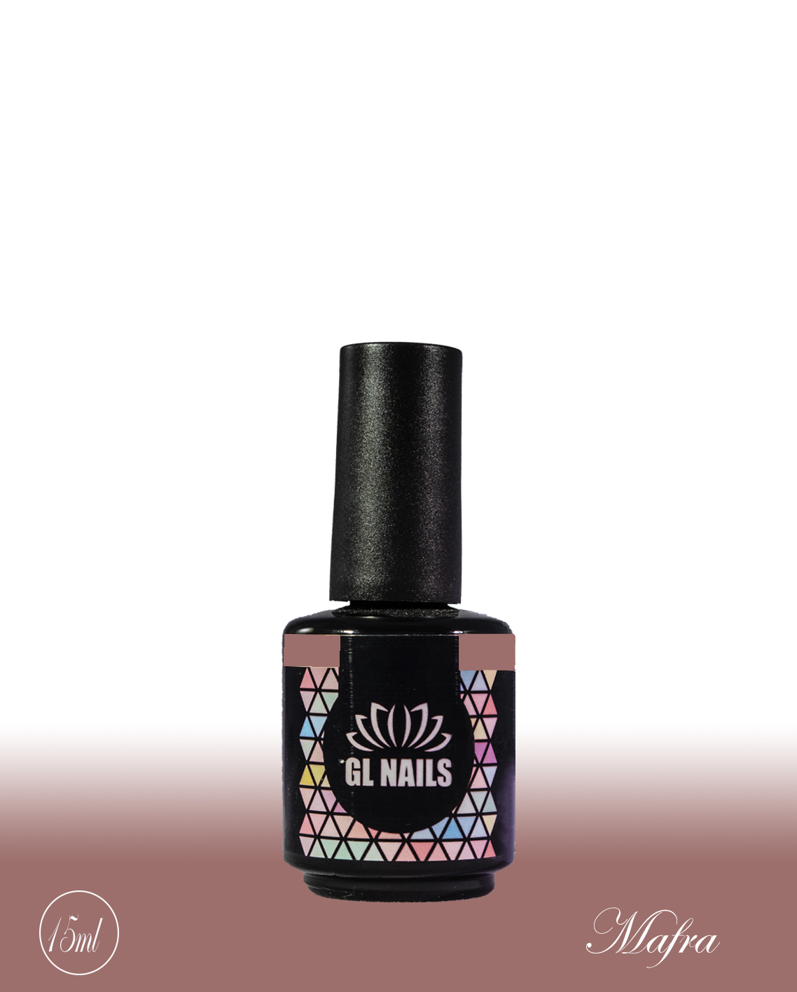 GL Nails - Verniz Gel Mafra 15ml Verniz para unhas GL NAILS com rótulo preto e padrão geométrico colorido
