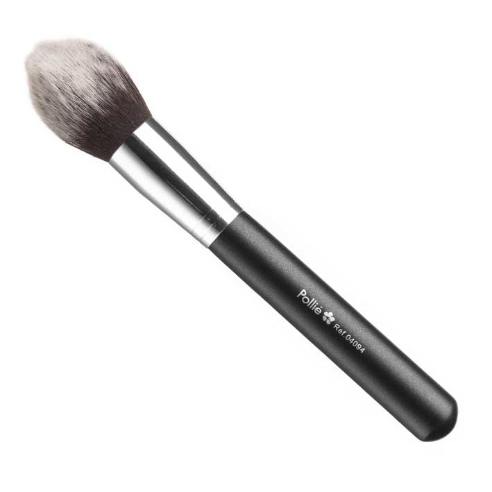 Pollie Pincel Profissional Kabuki Cónico Pincel de maquilhagem preto e prateado com cerdas cinza e branco