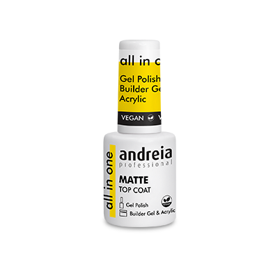 Andreia All in One Top Coat Matte 10.5ml Frasco de verniz Andreia professional matte top coat com rotulagem preta e amarela.