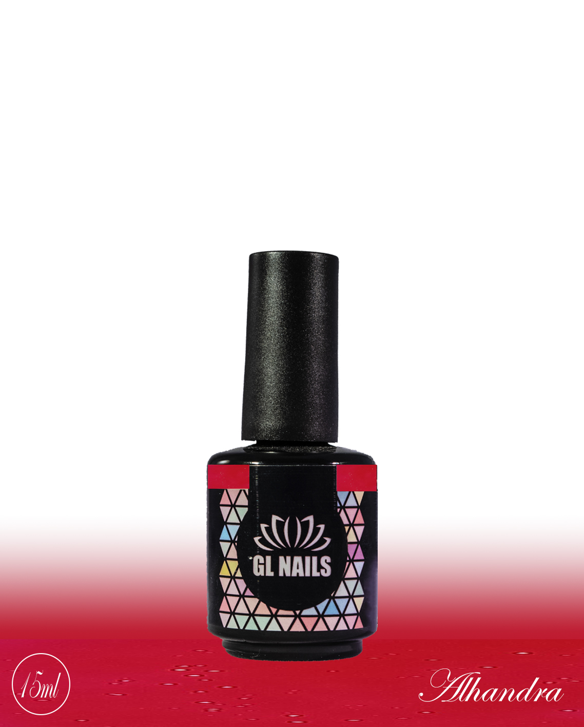 GL Nails - Verniz Gel Alhandra 15ml Frasco de verniz de unhas GL NAILS com rótulo geométrico colorido