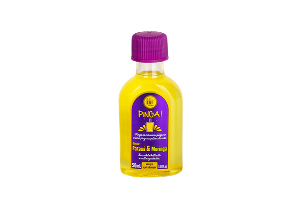 Lola Cosmetics Pinga! Patauá & Moringa – Óleo Capilar 50ml Frasco pequeno amarelo com tampa roxa e rótulo roxo com texto PINGA! Patua & Moringa