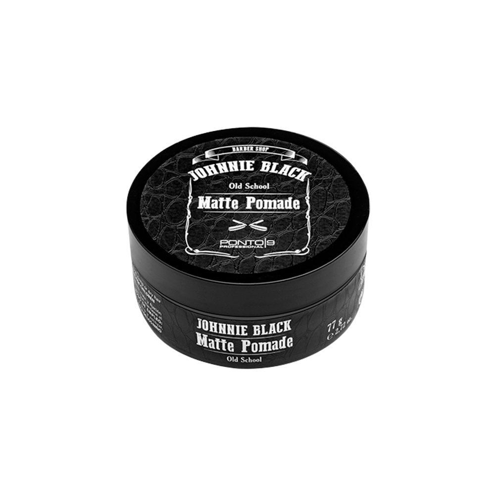 Johnnie Black Pomada/Cera Matte 77g Frasco preto redondo de Johnnie Black Matte Pomade com texto branco.