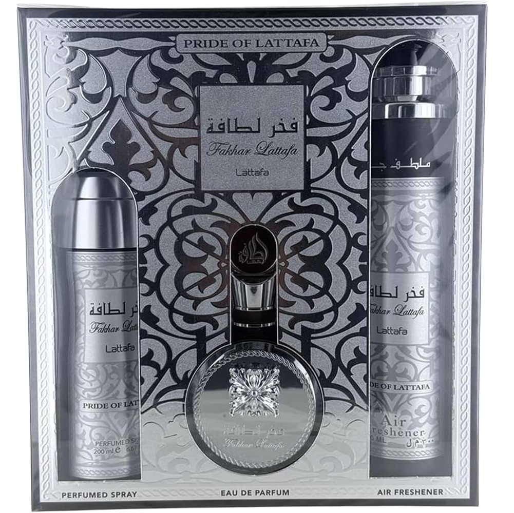 Lattafa Fakhar Lattafa Men coffret para homens Conjunto de perfume Pride of Lattafa com frasco de Eau de Parfum, spray perfumado e ambientador, embalagem prata decorativa