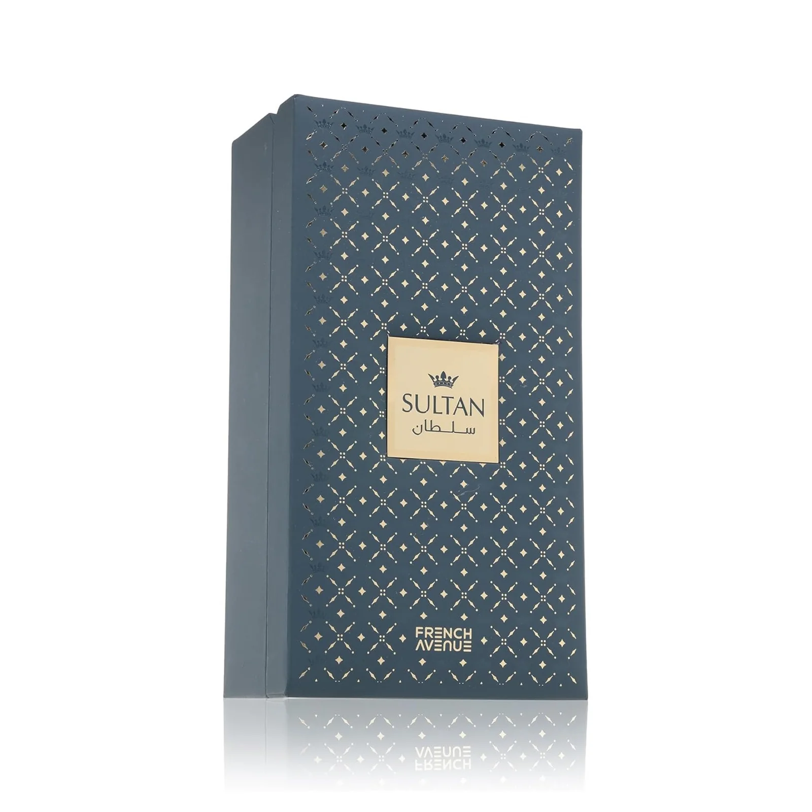 Sultan The Founder Eau De Parfum 80ml Embalagem decorativa azul escuro com padrões dourados e rótulo SULTAN