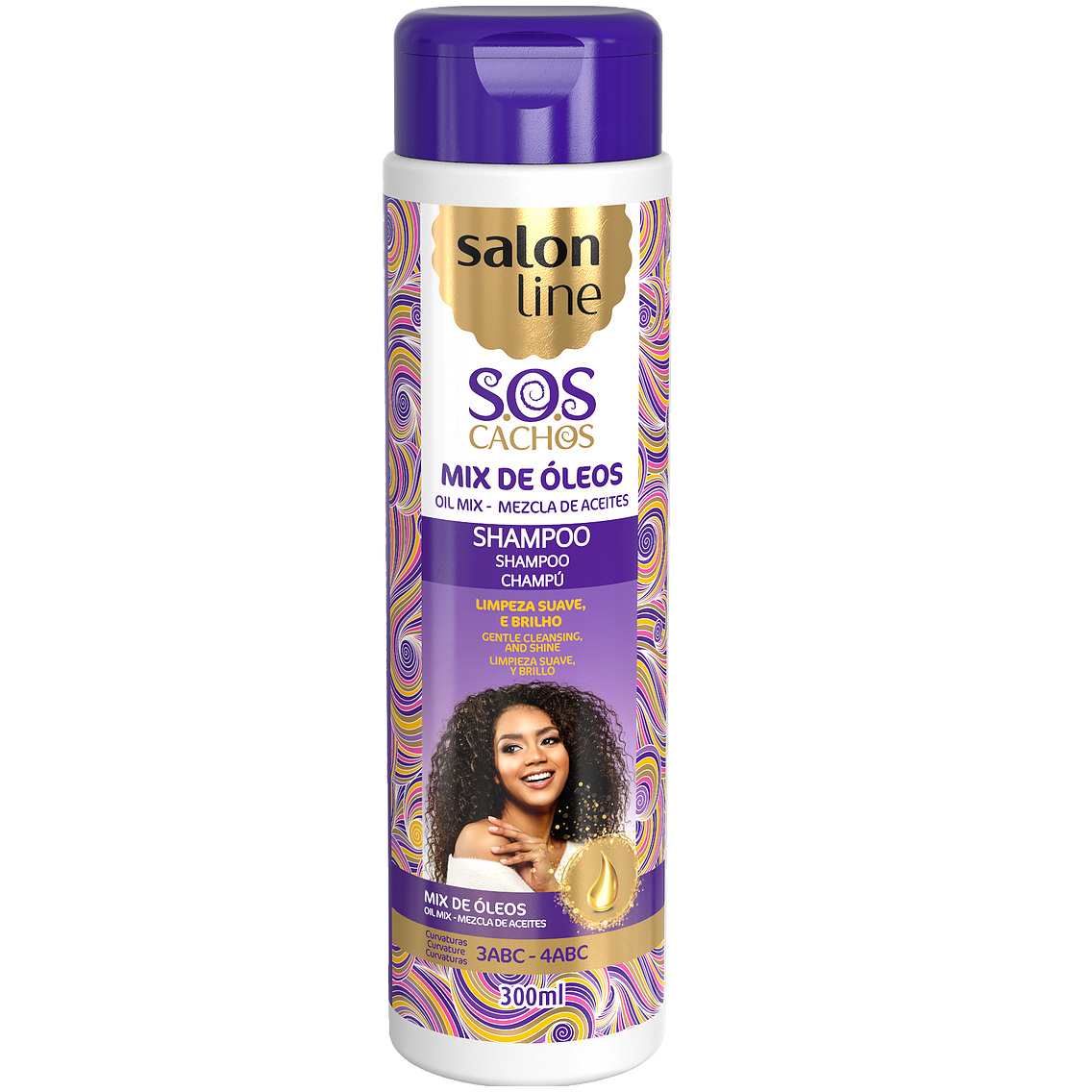 Salon Line SOS SHAMPOO MIX OLEOS NUTRITIVO 300ML Frasco de shampoo Salon Line SOS Cachos Mix de Óleos com tampa roxa e rótulo colorido