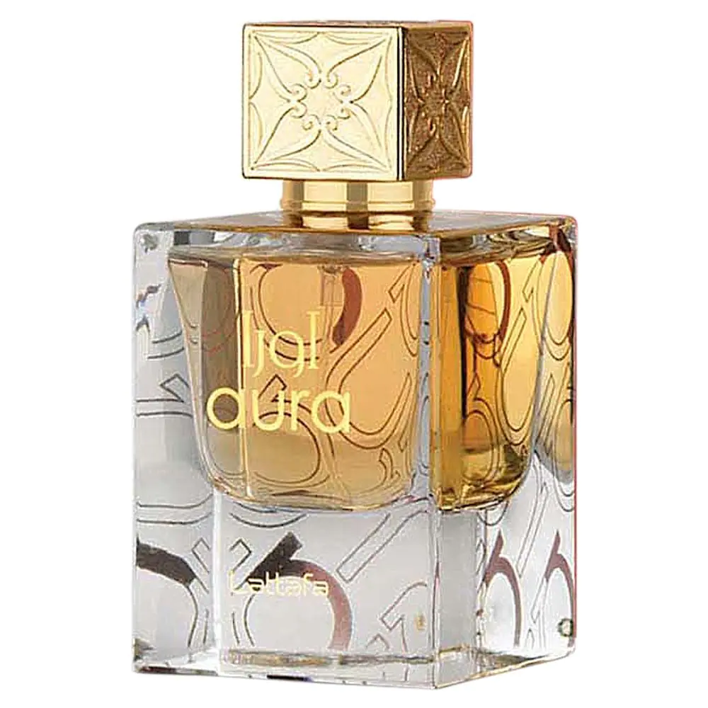 Perfume Lattafa Aura Eau De Parfum Spray 60ml unissex (Original) Frasco de perfume retangular em vidro transparente com tampa dourada