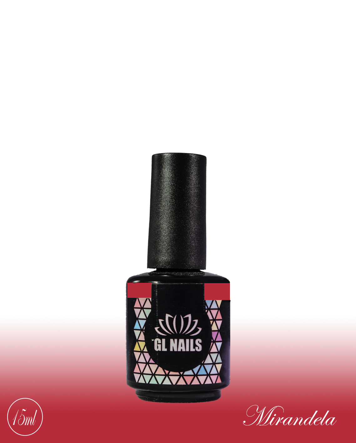 GL Nails - Verniz Gel Mirandela 15ml Frasco de verniz de unhas GL NAILS preto com padrão colorido e texto