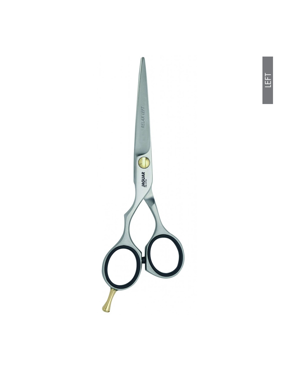 Jaguar Tesoura Relax Left Pre Style Tesoura de cabeleireiro metálica com alças pretas e apoio dourado para o dedo