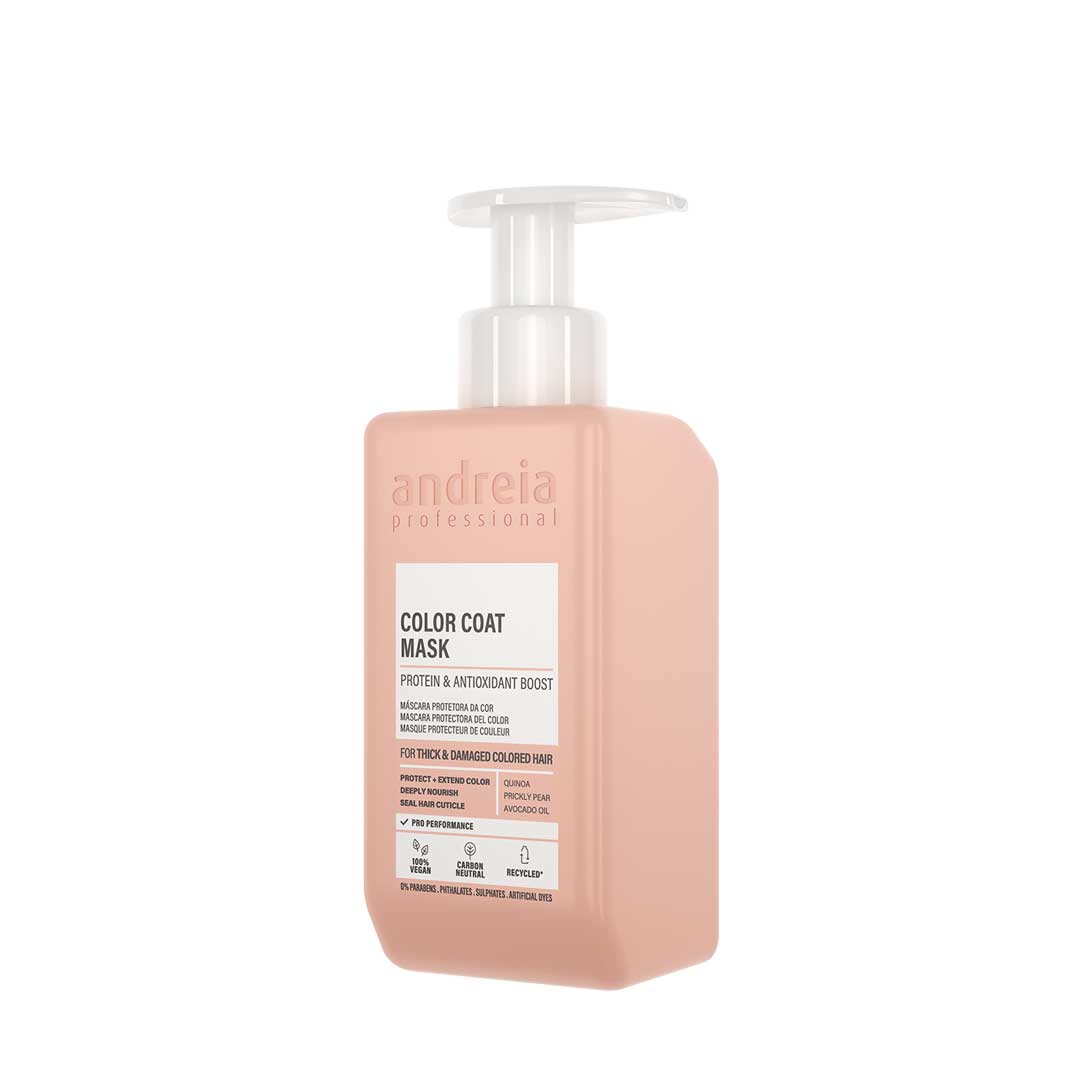Andreia Vegan Color Coat máscara 300 ml Frasco rosa com doseador de máscara capilar Andreia Professional