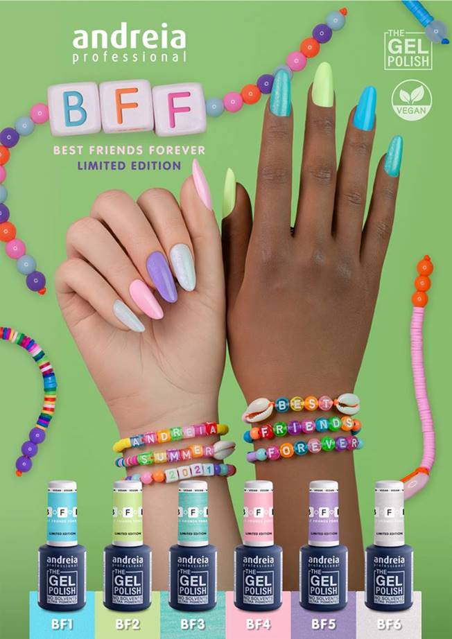 Andreia Coleção Best Friends Forever (BFF) pack de 6 cores Conjunto de vernizes gel coloridos com pulseiras de amizade e unhas pintadas em cores diferentes