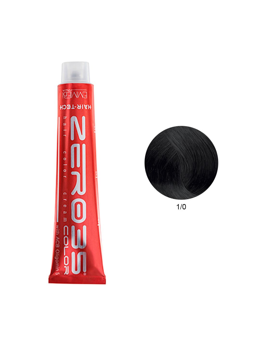 Coloração Hair-Tech 100ml - 1/0 Preto - Zero35 - Emmebi Tubo vermelho de corante para cabelo com amostra de cor preta 1/0