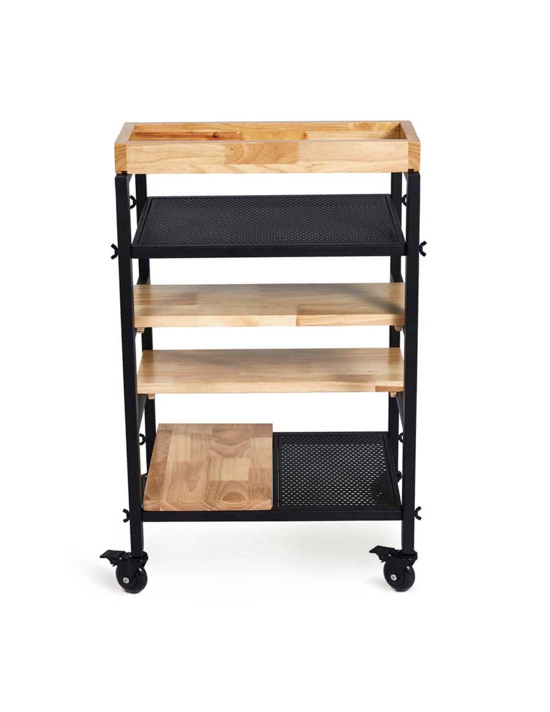 Carrinho Auxiliar SKYE Carrinho de armazenamento com prateleiras de madeira e metal em fundo branco