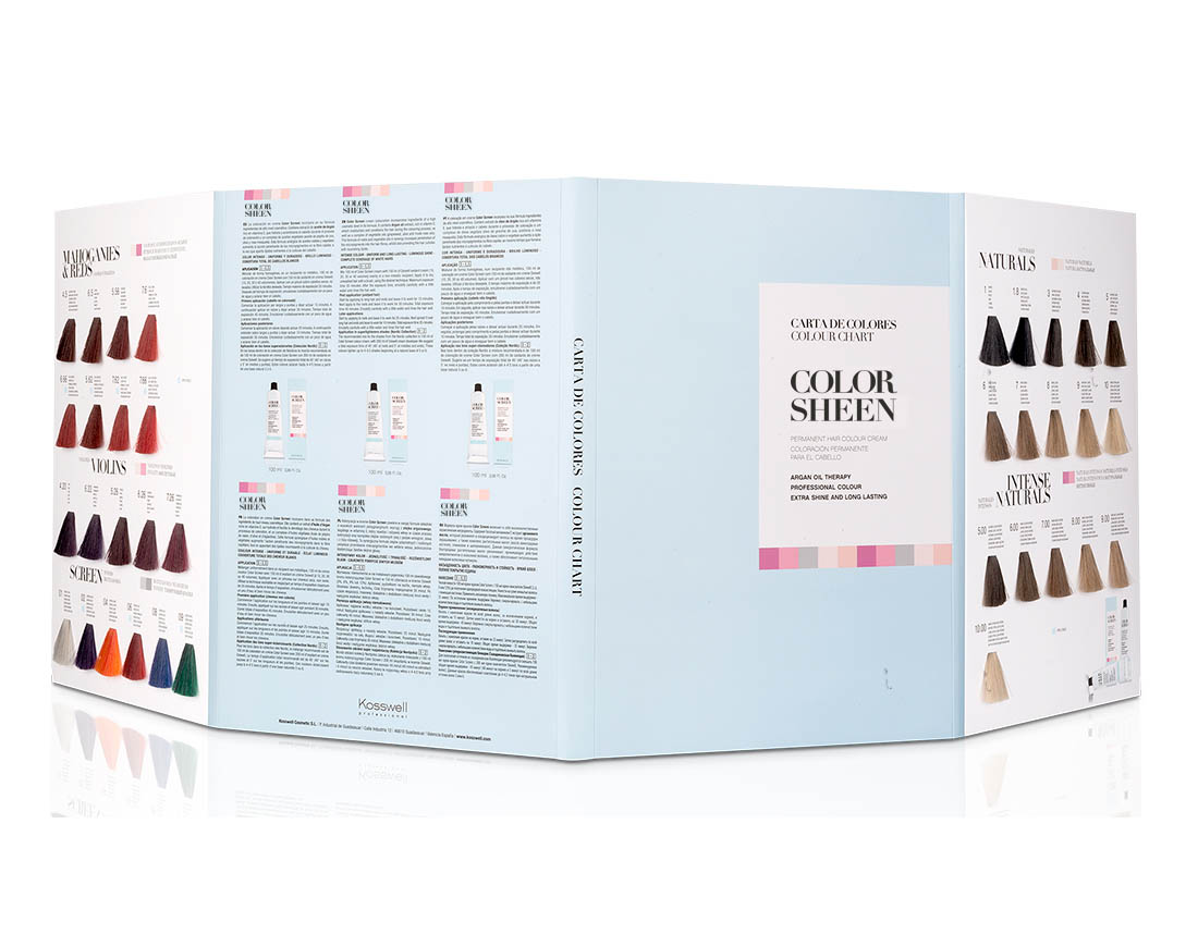 Kosswell Professional Coloração Color Sheen 100ml(108cores) Caixa azul clara de coloração capilar COLOR SHEEN com amostras de cores e textos explicativos