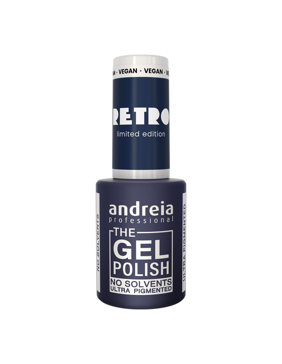 The Gel Polish Andreia Professional Retro Collection RT2 Frasco azul escuro de verniz gel para unhas Andreia Professional com tampa branca
