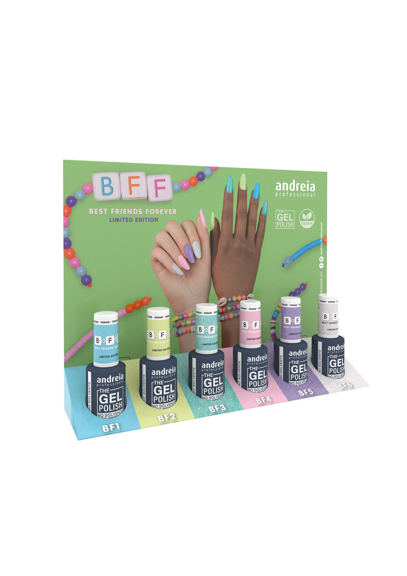 Andreia Coleção Best Friends Forever (BFF) pack de 6 cores Expositor de vernizes gel BFF da andreia PROFESSIONAL com seis cores pastel e rótulos pretos