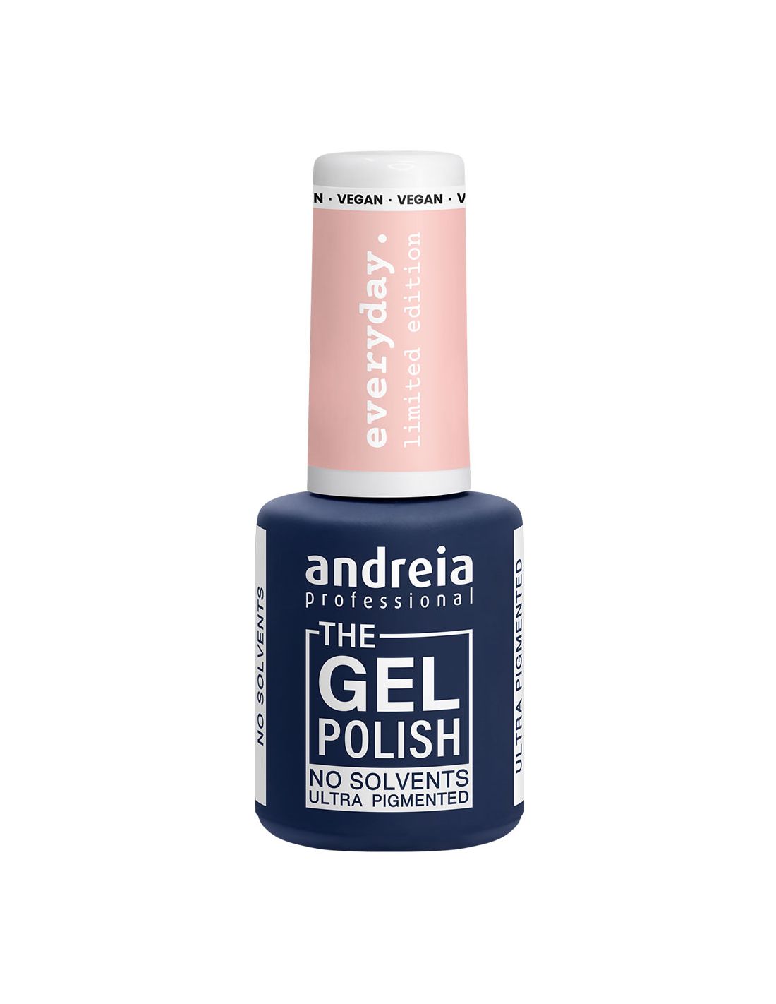 The Gel Polish Andreia - Everyday Collection - ED4 frasco de verniz gel azul escuro com tampa branca e rosa claro