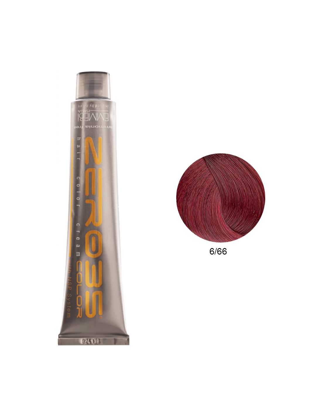 Coloração Sem Amoníaco 100ml - 6/66 Loiro Escuro Vermelho Intenso - Zero35 - Emmebi Tubo metálico de tinta de cabelo NERO35 com amostra de cor vermelho 6/66