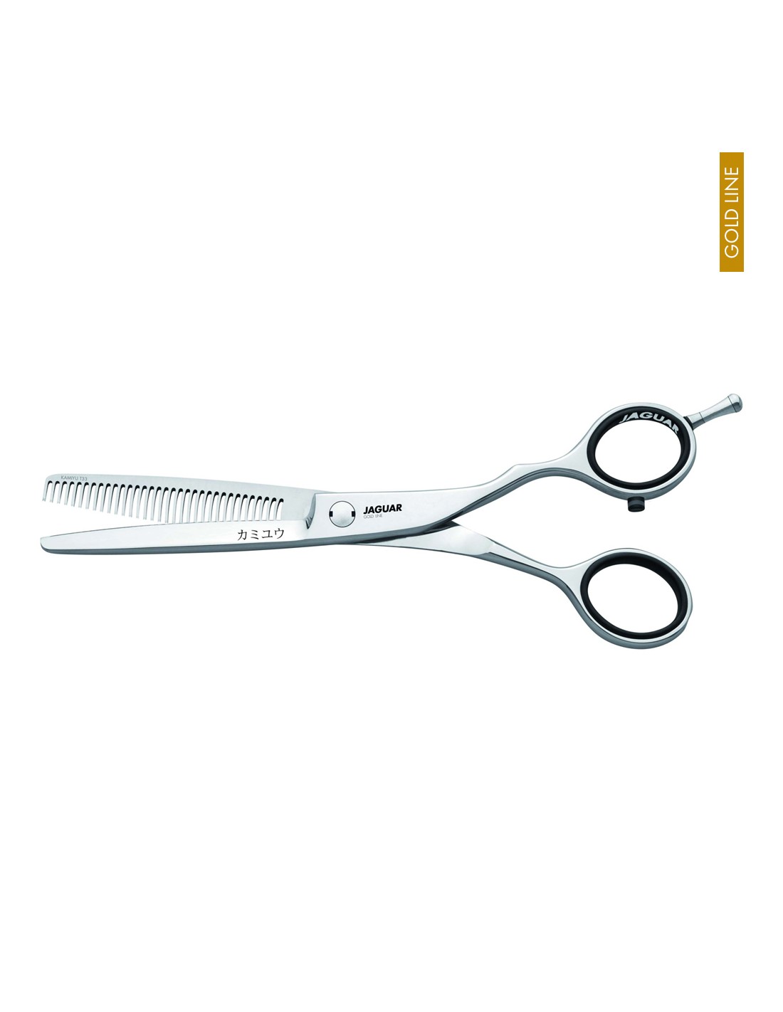 Jaguar Tesoura Desbaste Kamiyu 33 Gold Line Tesoura de cabelo de metal prateado com dois tipos de lâminas, pegas pretas e texto 'JAGUAR'.