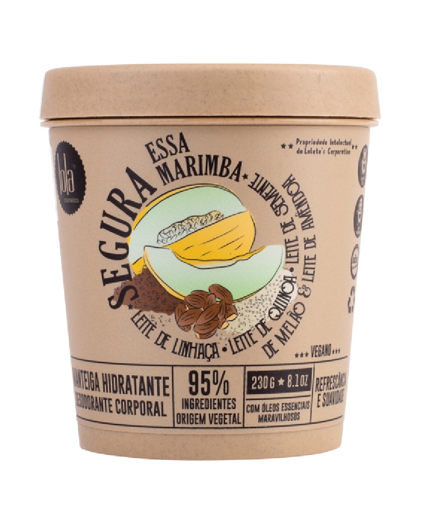 Lola Cosmetics Manteiga Hidratante Segura Essa Marimba - Refrescância E Suavidade 230gr Embalagem de manteiga corporal vegetal SEGURA ESSA MARIMBA com ilustração de fruta e sementes