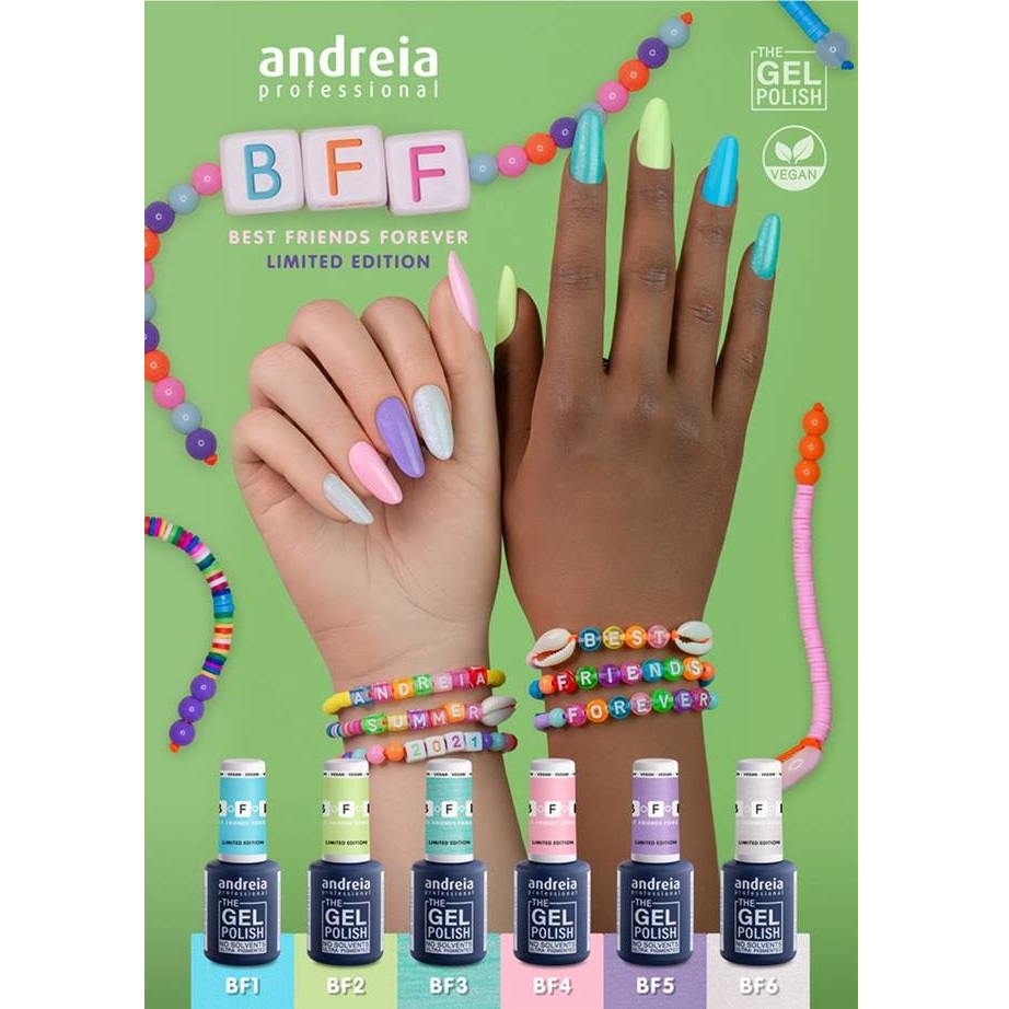 Andreia Coleção Best Friends Forever (BFF) pack de 6 cores Promoção de esmaltes Andreia BFF em seis cores com mãos mostrando unhas pintadas e pulseiras coloridas